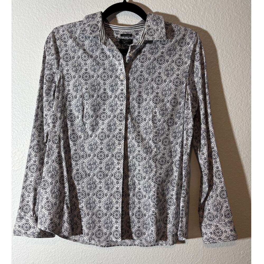 Talbots Size 10 Petite Wrinkle Resistant Geometric Gray White Long-Sleeve Shirt